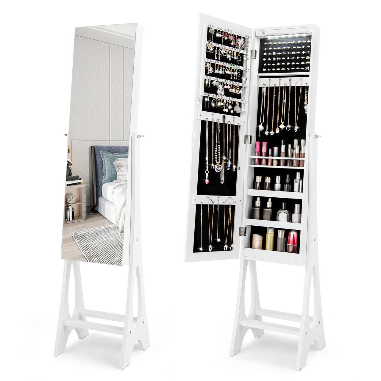 Costway LED Jewelry Cabinet Armoire with Bevel Edge Mirror Organizer Mirrored Standing